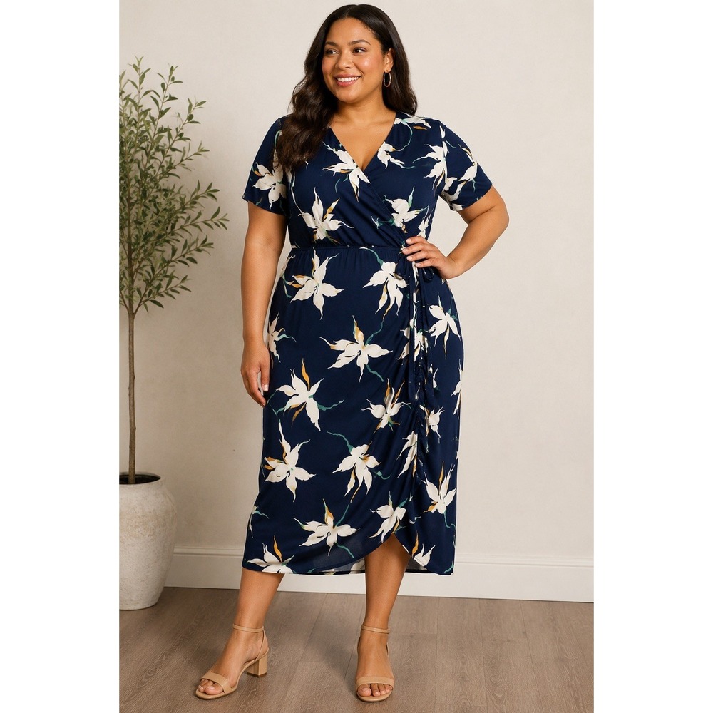 Lane Bryant 14/16 Blue Floral Faux Wrap Midi Dress Plus Size Stretch Short